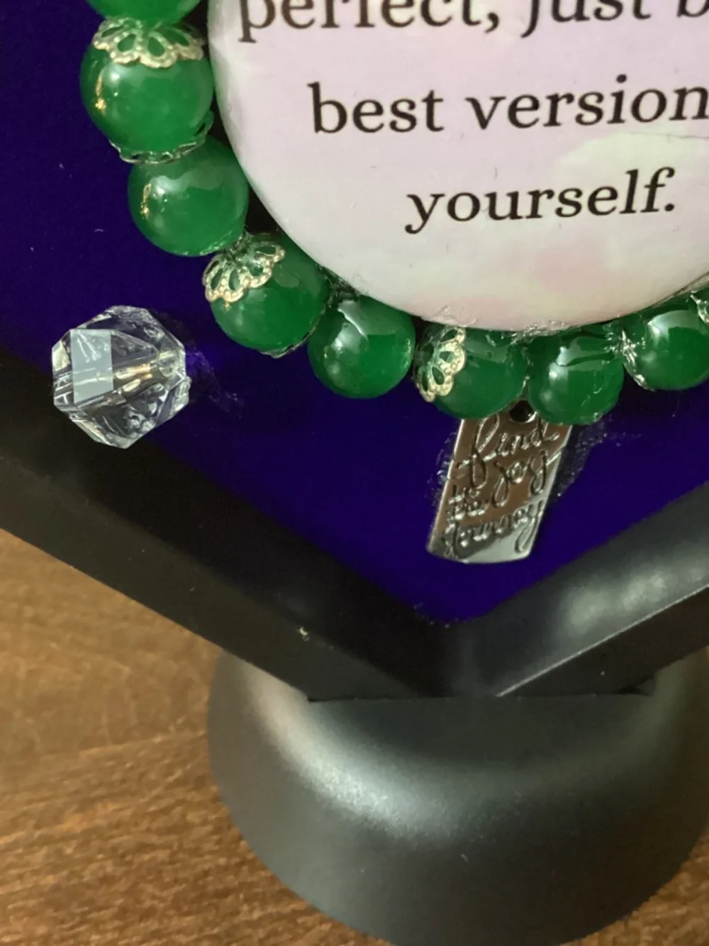 Handcrafted jewelry art Christmas encouragement red gold green supportive framed